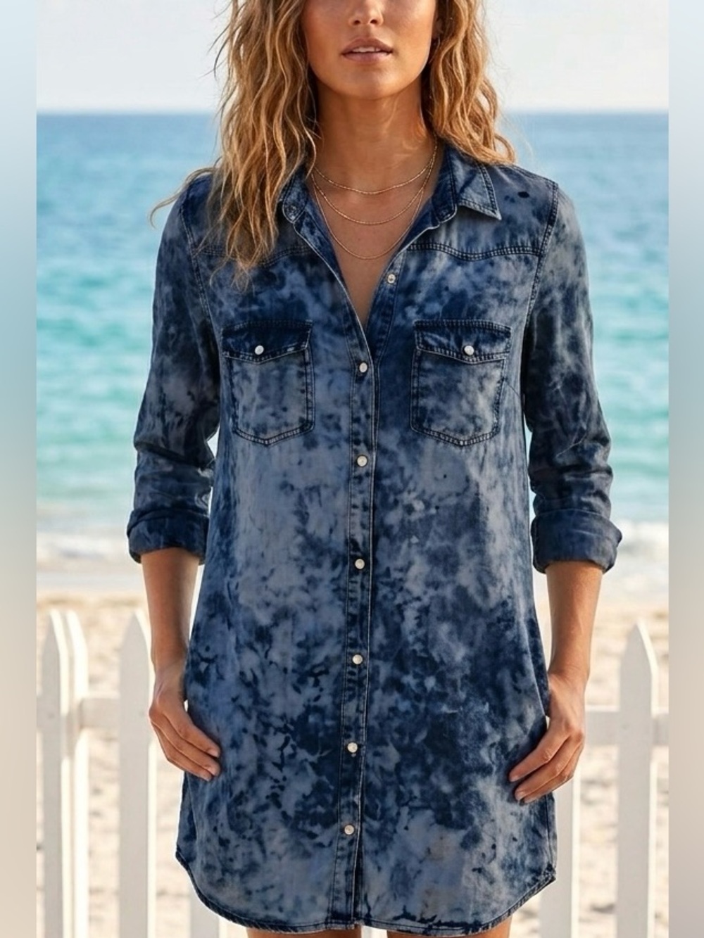 JW Signature western Denim like blue splattered Button Down Dress size L